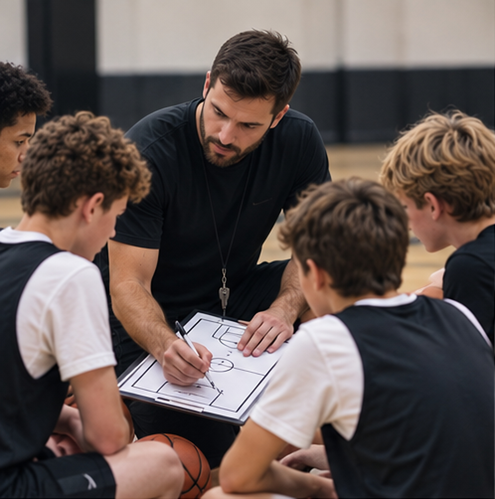 A coach drawing up a play on a clipboard, surrounded by a huddle of young basketball athletes.