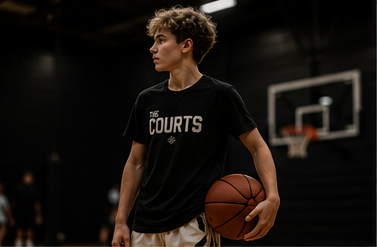 A basketball player in a Courts t-shirt, ball under one arm, scanning the court.