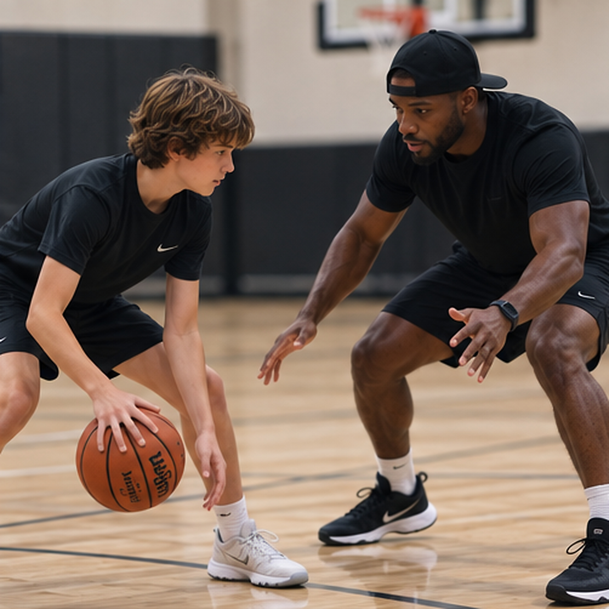 A coach in a low defensive stance guarding an athlete working through a dribble move.