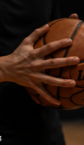 Close-up of a hand gripping a basketball.