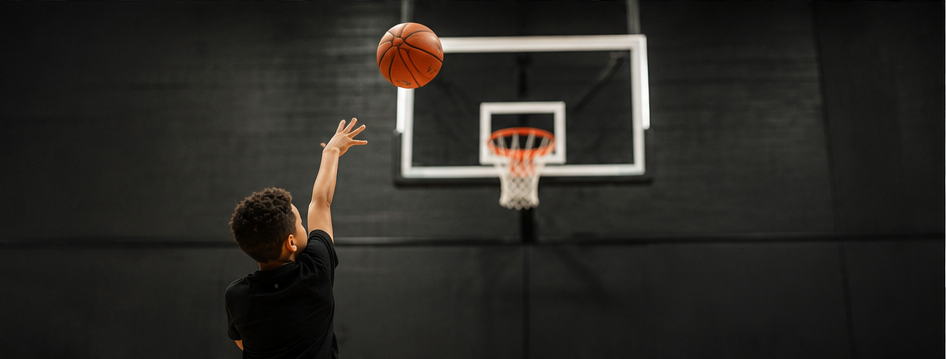 A young athlete shooting a basketball toward the hoop.