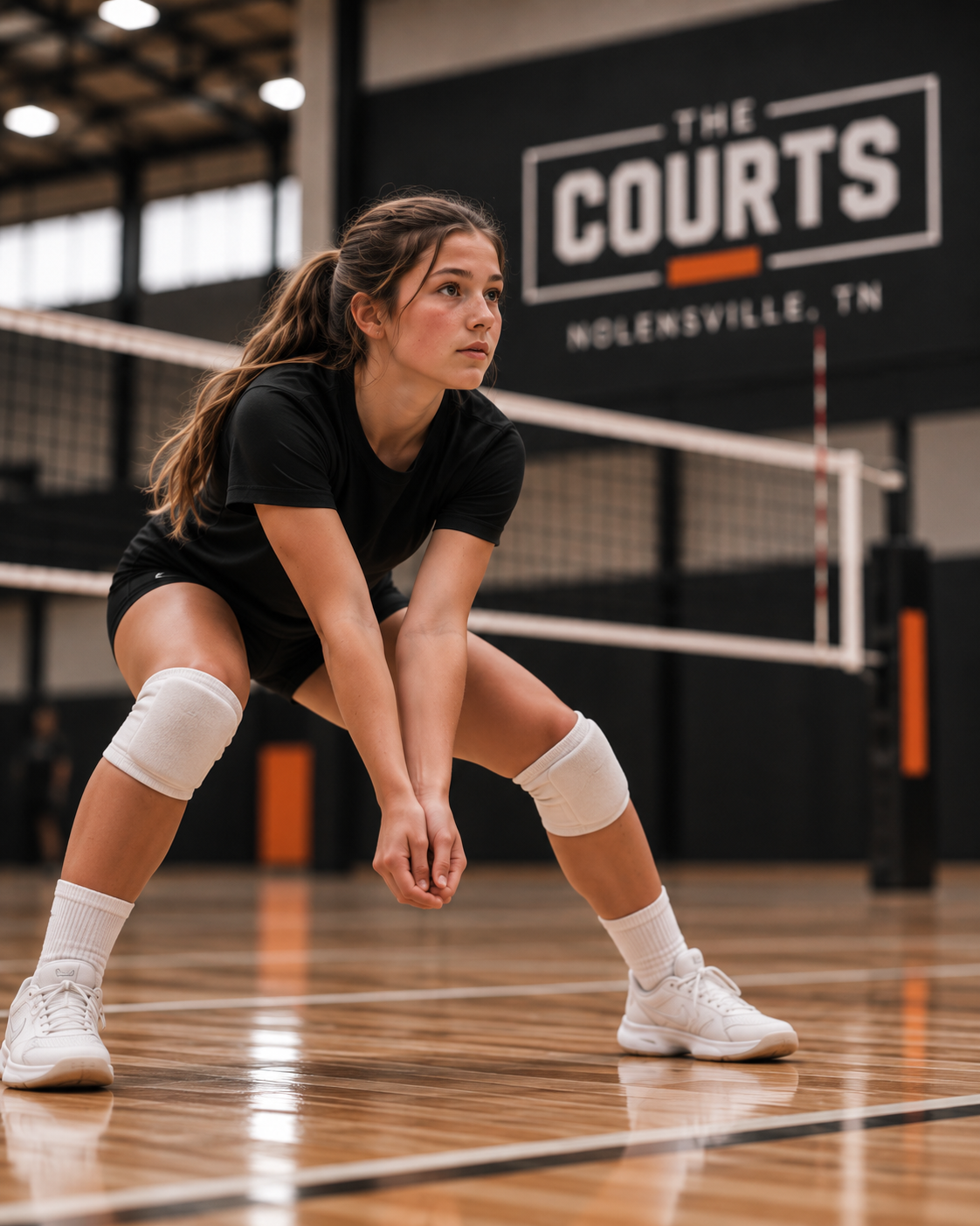 A player in a low ready stance, eyes up, tracking the ball to make a play, THE COURTS signage on the wall behind her.