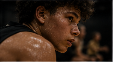 Close side profile of an athlete mid-rep, focused and sweating.