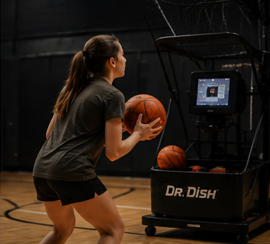 An athlete squared up, ball in hand, ready to start a Dr. Dish workout.