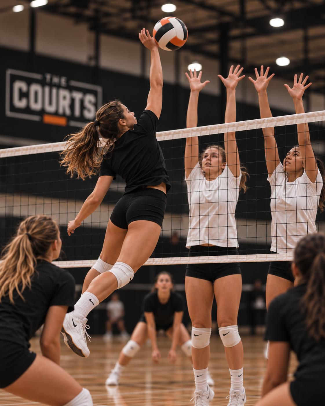 A volleyball player spiking the ball at the net against a block, THE COURTS signage visible on the wall.