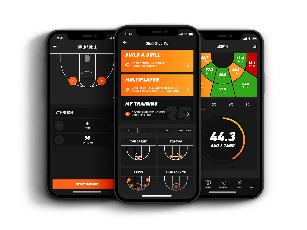 The Dr. Dish app, showing drill setup, shooting modes, and live shot-arc activity tracking.