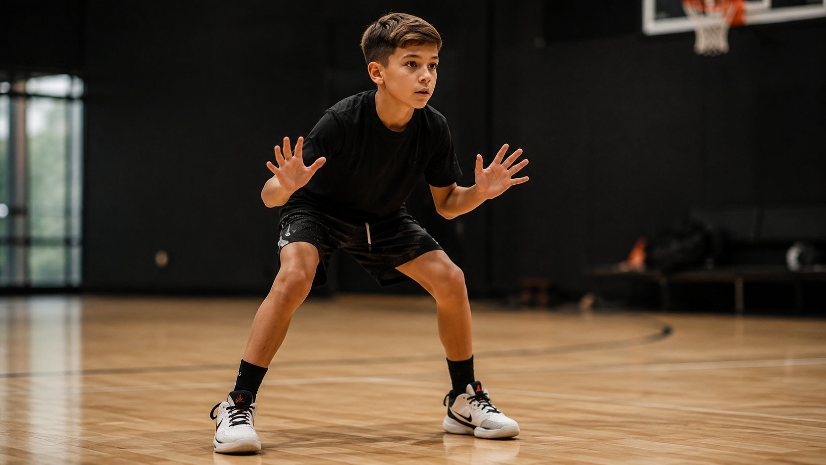 A young athlete in a defensive stance during a camp drill.
