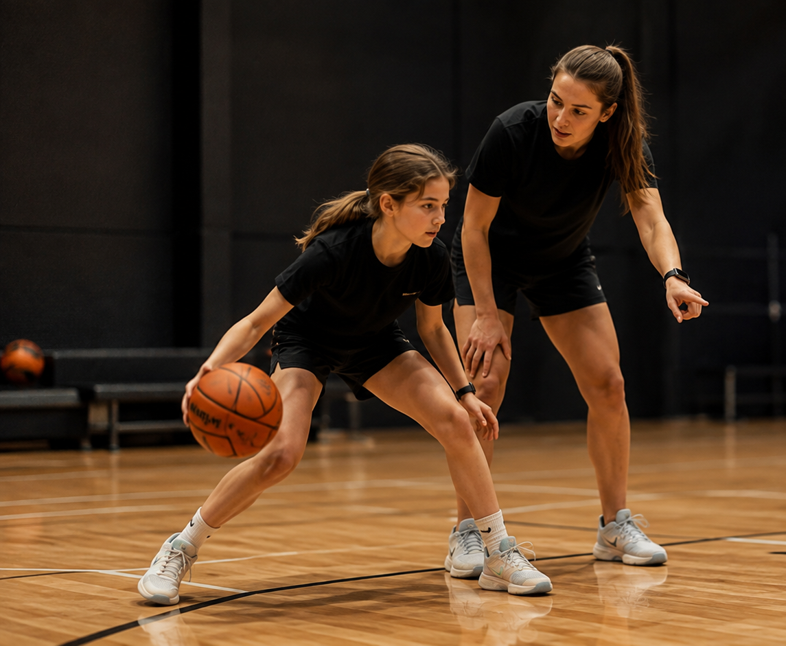 A coach guiding a young athlete through a dribble drill.