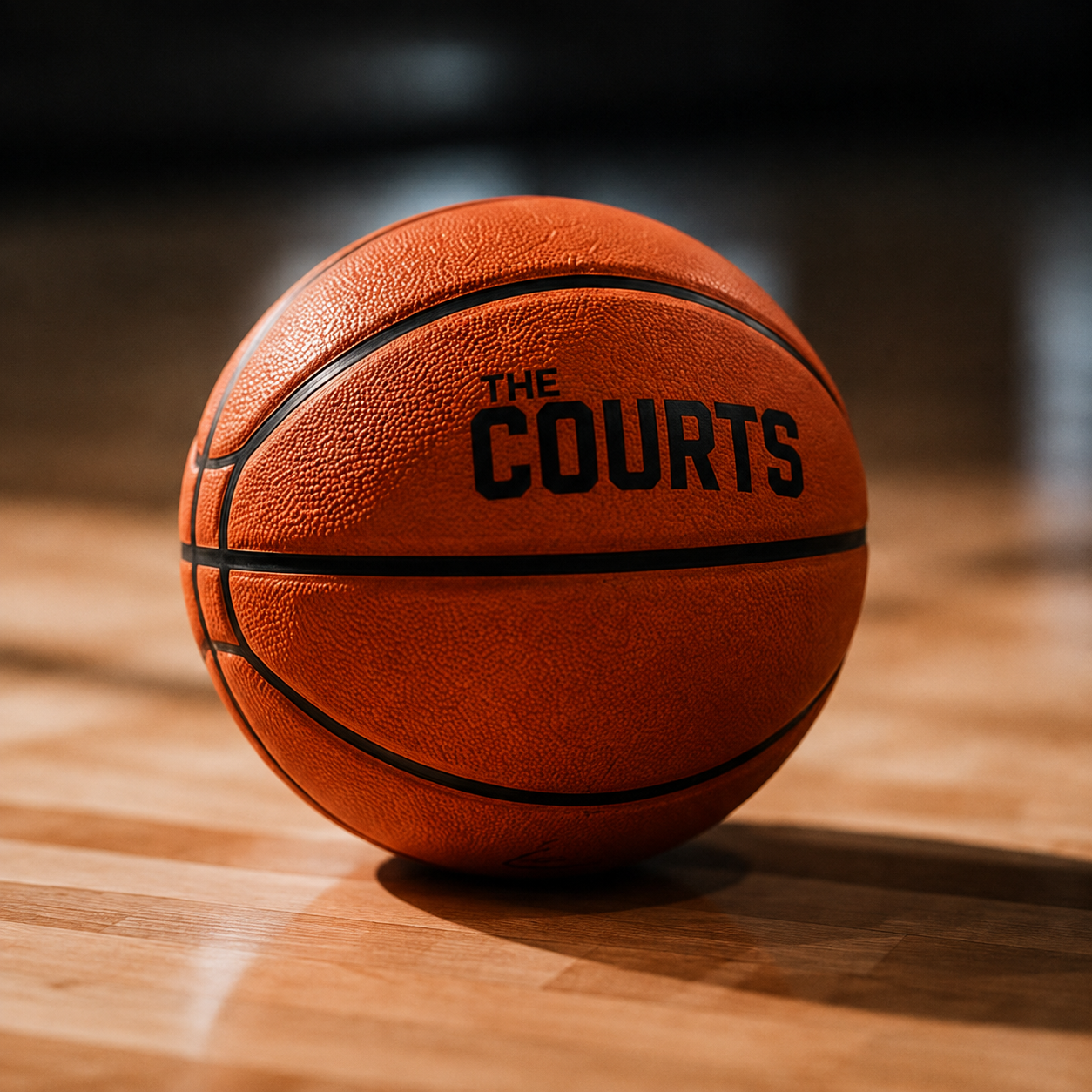A basketball branded with THE COURTS logo, resting on the court.