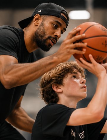 A coach standing close with an athlete, adjusting their shooting form.
