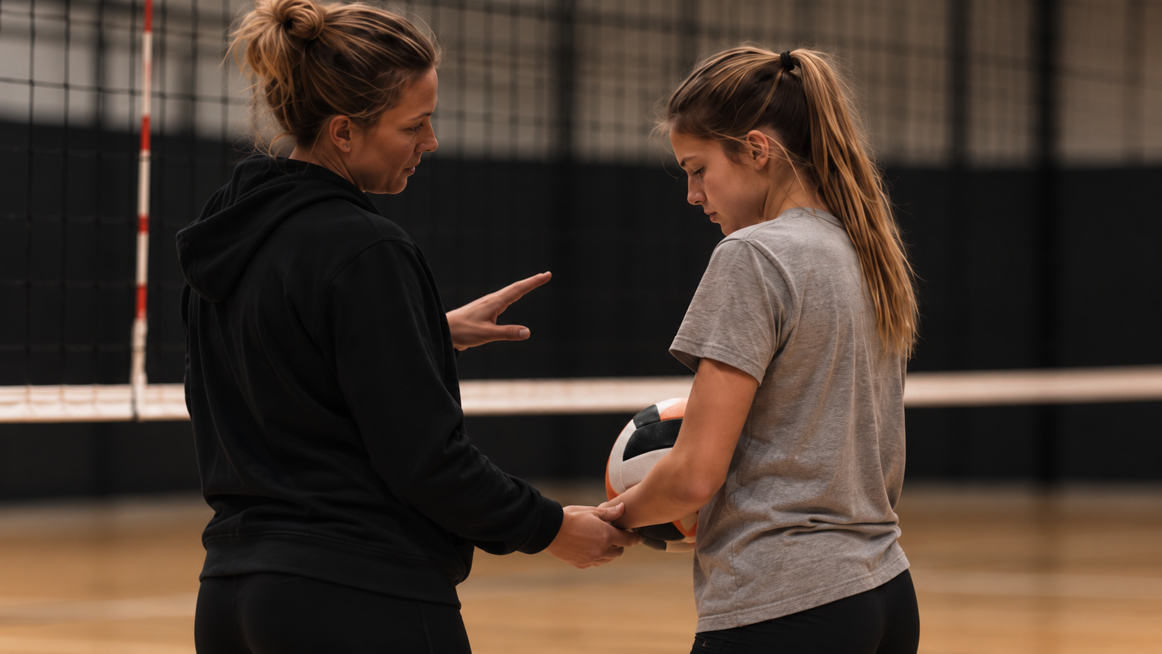 A coach guiding a young volleyball player, hands-on with the ball, at the net.