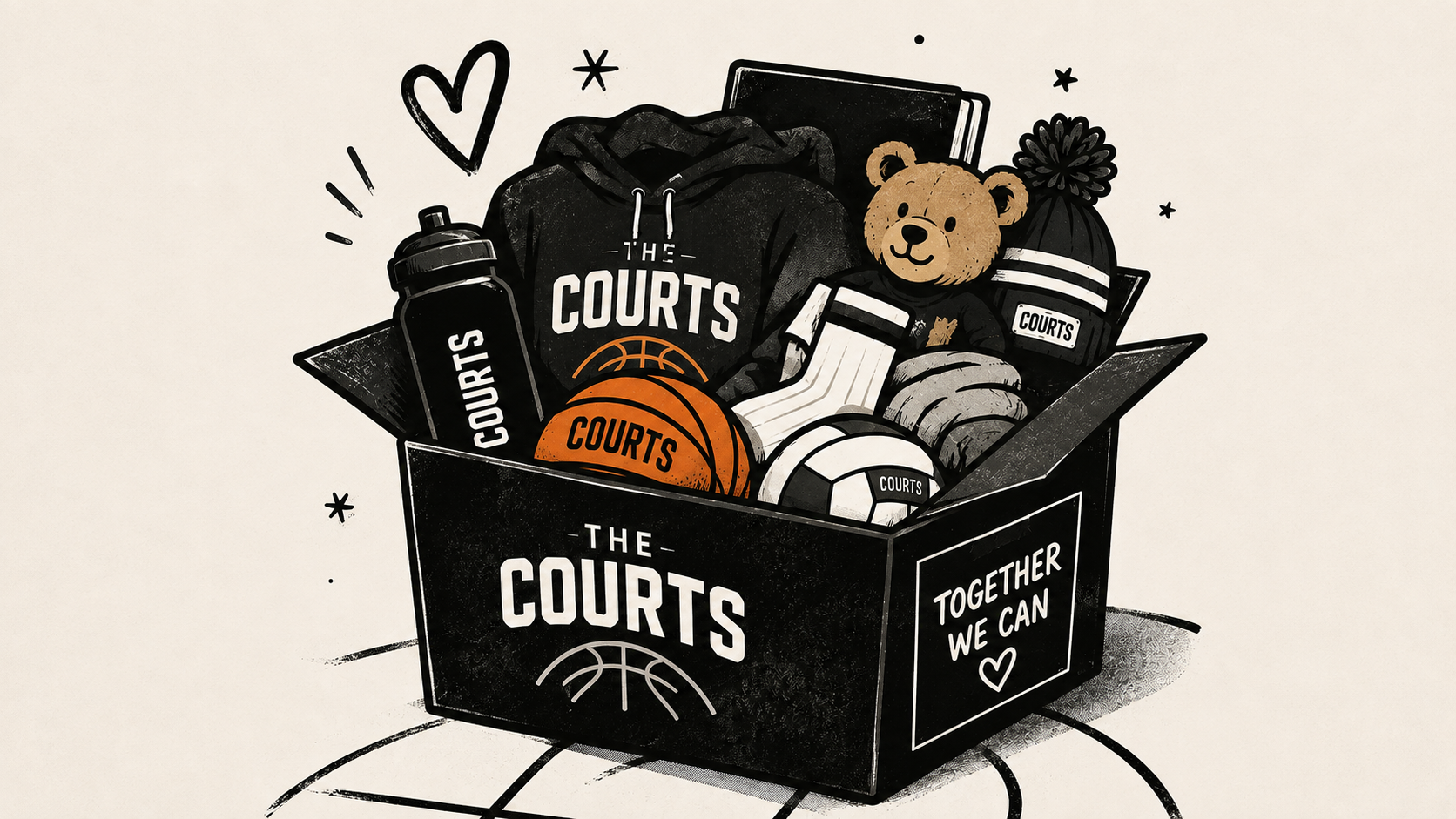 A box of Courts branded gear -- hoodie, water bottle, basketball, volleyball, beanie, socks, and a teddy bear -- ready for a community give-back.