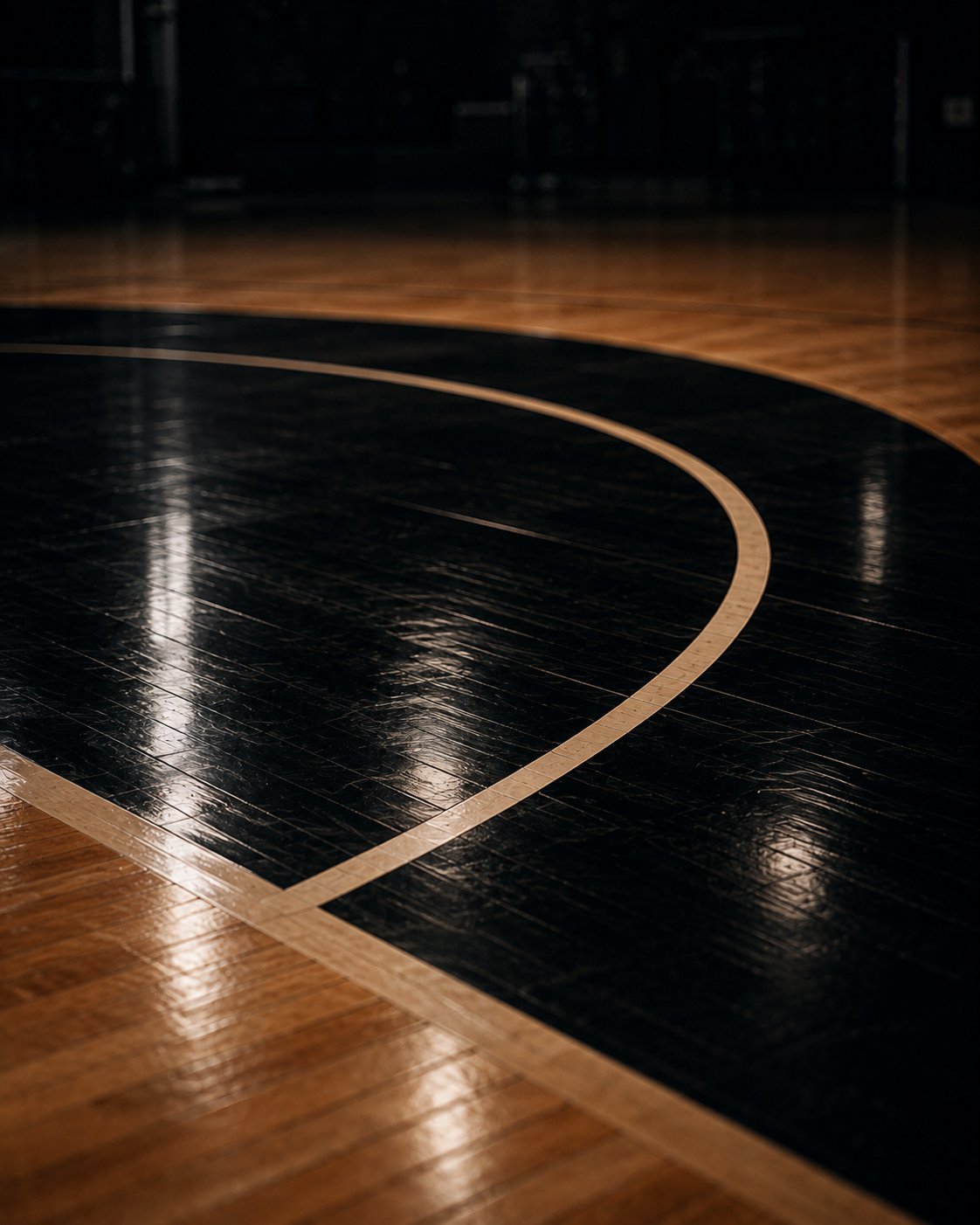 Detail of an empty basketball court's painted lines.