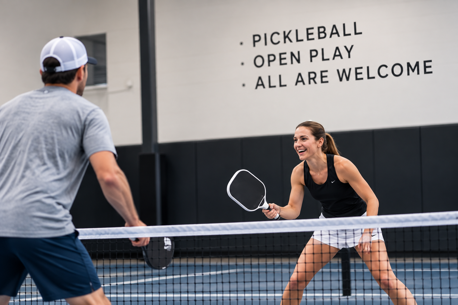 Two players rallying at the net during an indoor pickleball match.
