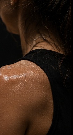 Close, warmly lit shot of an athlete's sweaty upper back and shoulder after training.