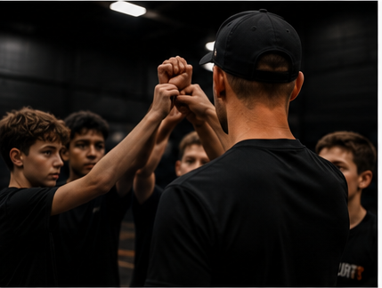A coach and his team bumping fists in a huddle.