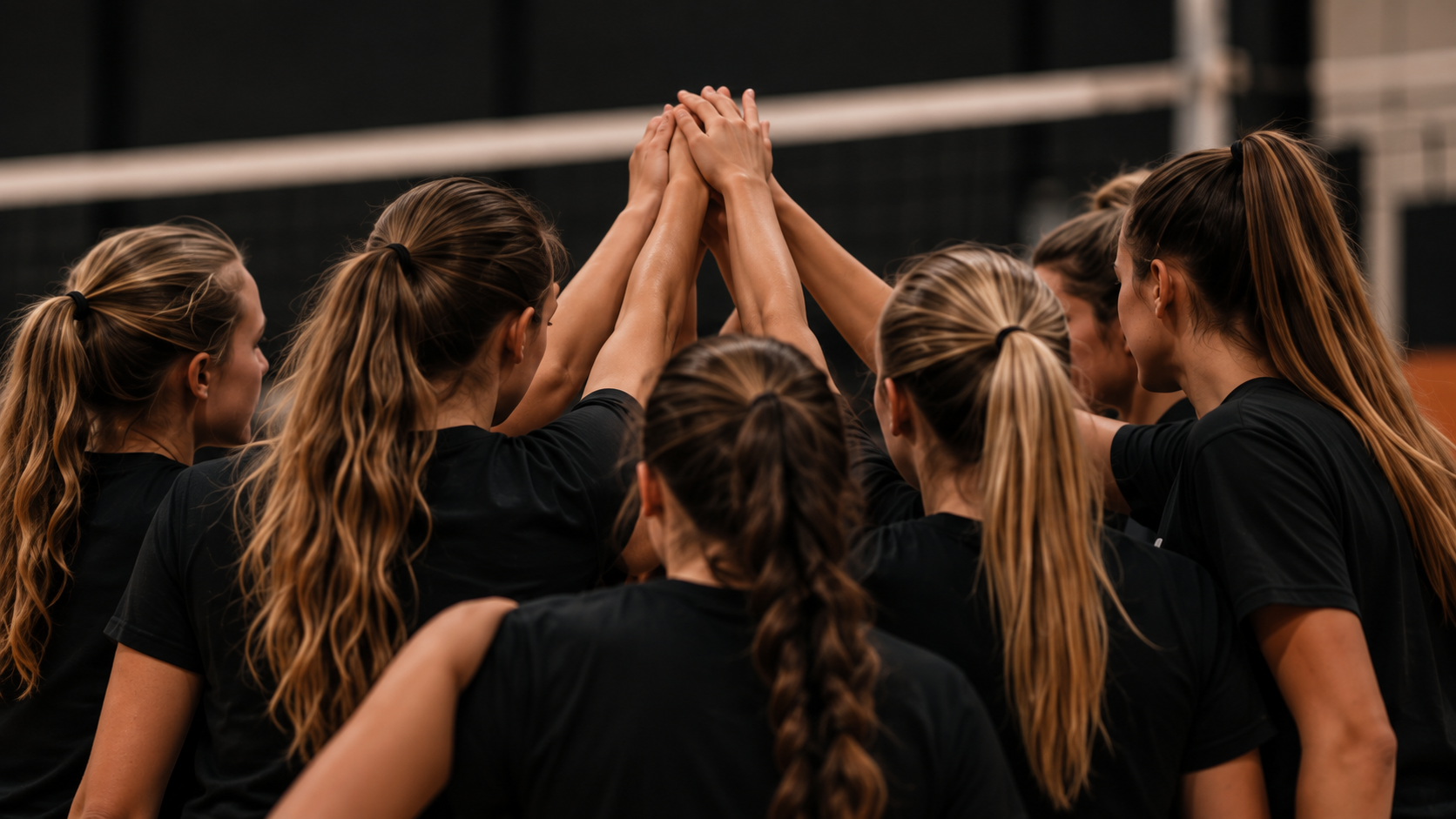Teammates bringing their hands together in a huddle.